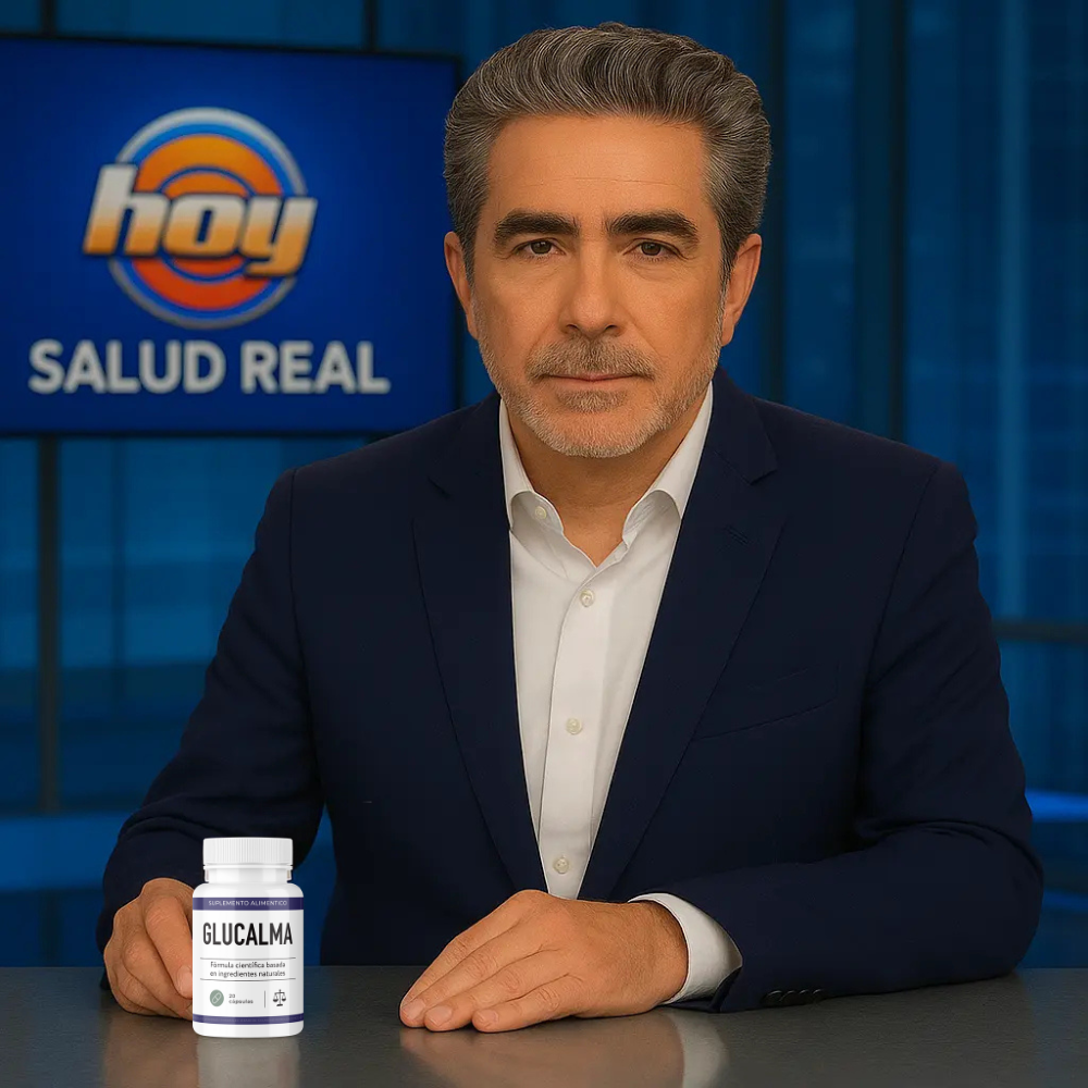 Carlos Guzmán en estudio con producto Glucalma y logo de Salud Real