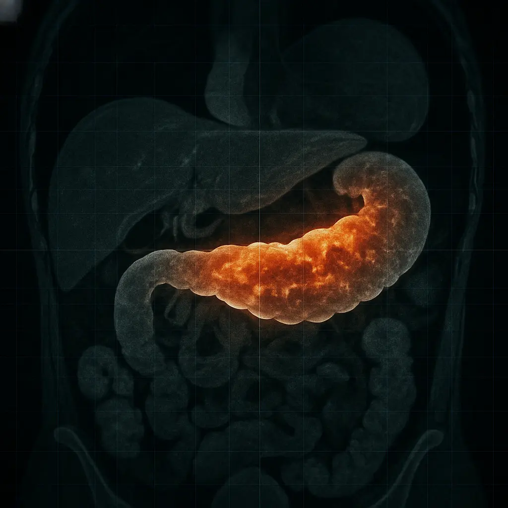 Escáner médico del páncreas bloqueado e inflamado