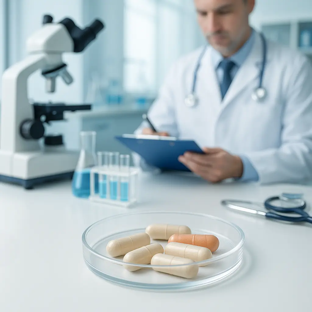 Laboratorio con cápsulas y revisión médica